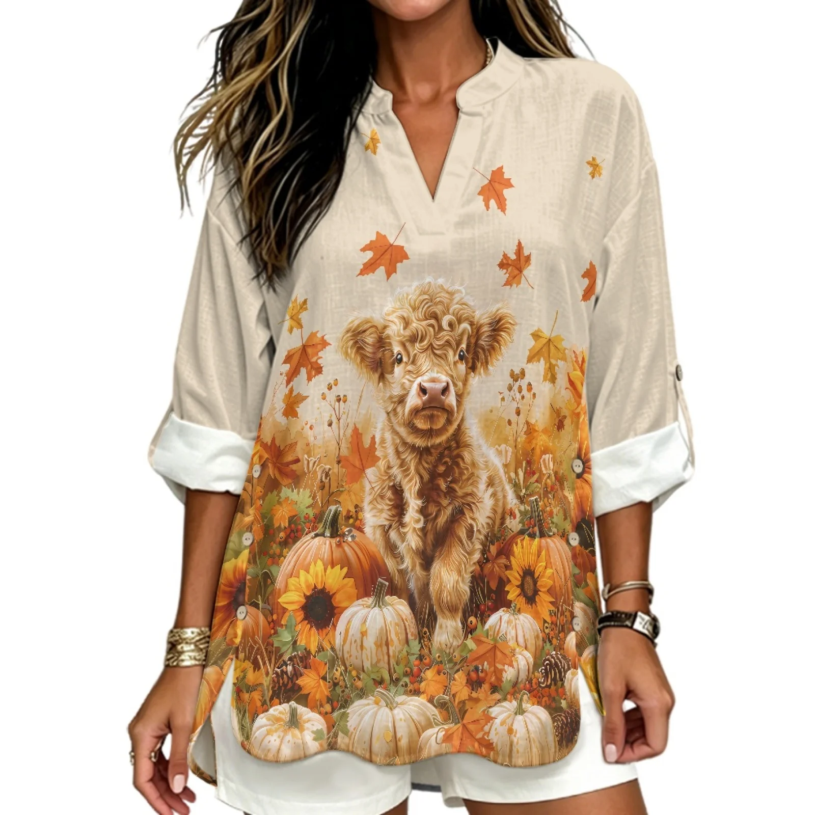 PENSTROLL Relaxed Fit Linen Style Casual Loose Fit Blouses Trendy Casual Blouses for Early Fall Highland Cow Autumn