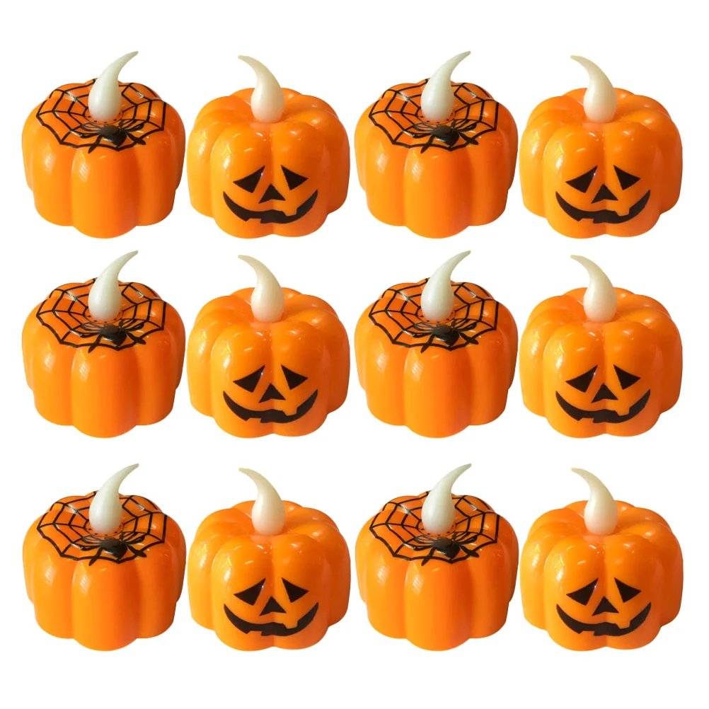 

12 Pcs Tea Lights Pumpkin Candles Halloween Jack-o-lantern Led Party Lamp Decor Orange Tealight