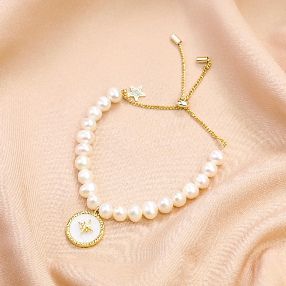 Natural Fresh Water Pearl Bracelet Shell Mother of Pearl Disc Compass Charms Bangle Woman Party Birthday Jewelry Gift Bracelet
