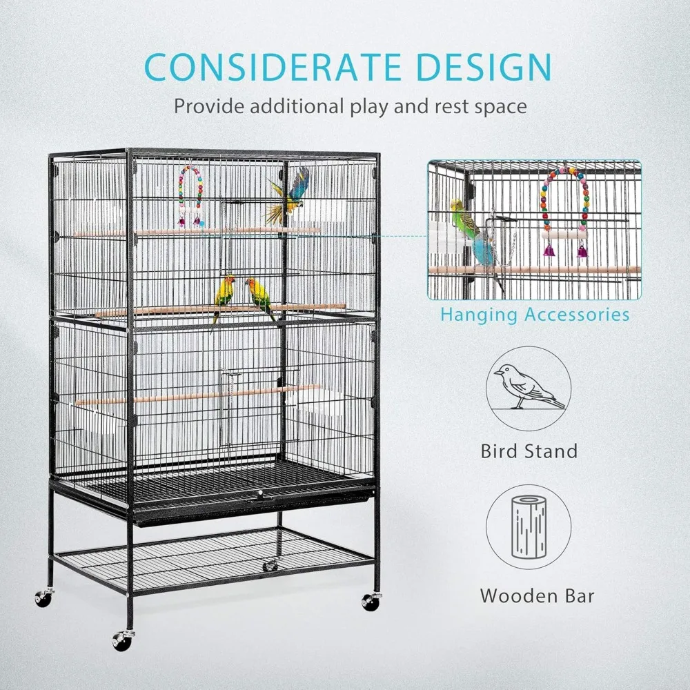 53 Inch Wrought Iron Large Bird Cage with Rolling Stand for Parrots Conures Lovebird Cockatiel Parakeets Black