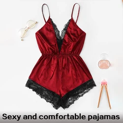 Summer Fashion V-neck Lace Patchwork Sleeveless Jumpsuit For Women's Sexy Suspender Pajamas Comfortable Home Wear