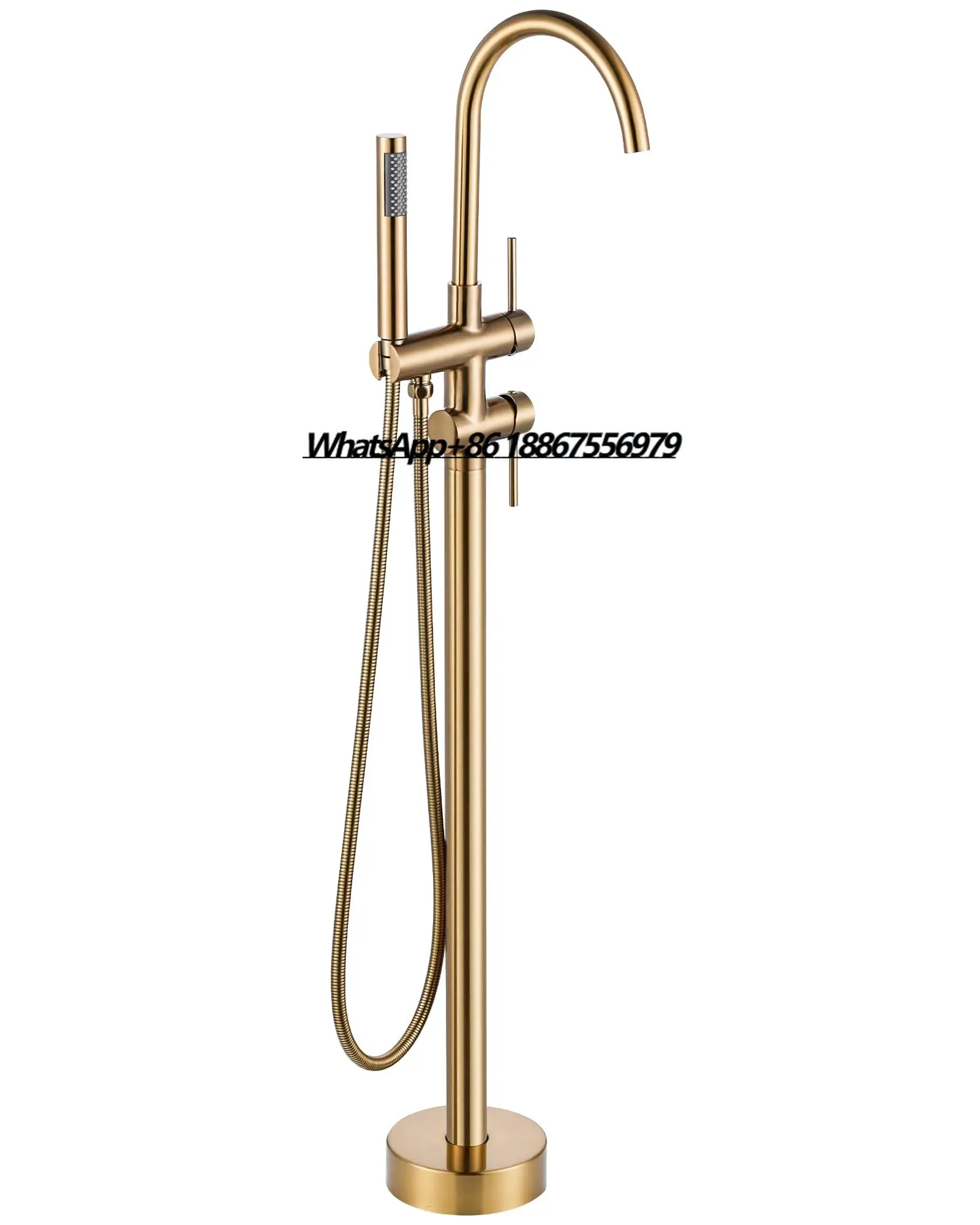 

Classic Brass Dual Handle Freestanding Bathtub Faucet Brushed Gold Floor Mounted Tub Filler Mixer Bathroom Faucet