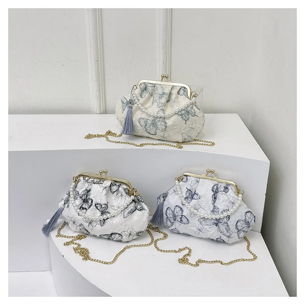 

Chinese Hanfu women's bag, fashionable velvet jacket bag, heavy-duty butterfly embroidery shoulder crossbody bag, beaded handbag