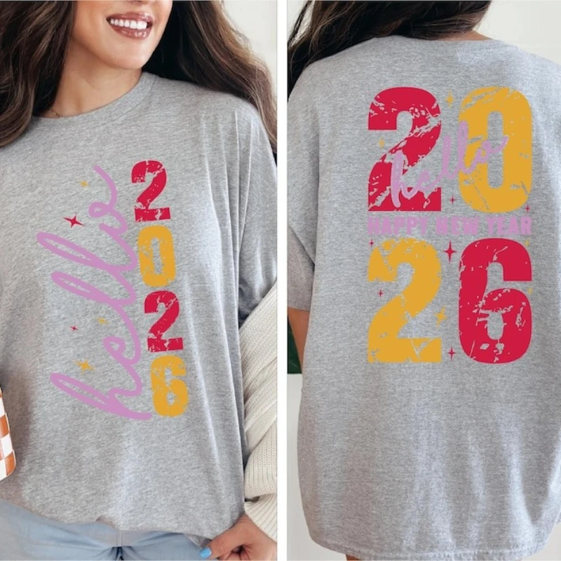 مرحبا سنة جديدة سعيدة 2026 القطن تي شيرت الأسرة مطابقة الاحتفال احتفالي حفلة عطلة طاقم الرقبة موضة لينة مريحة #6