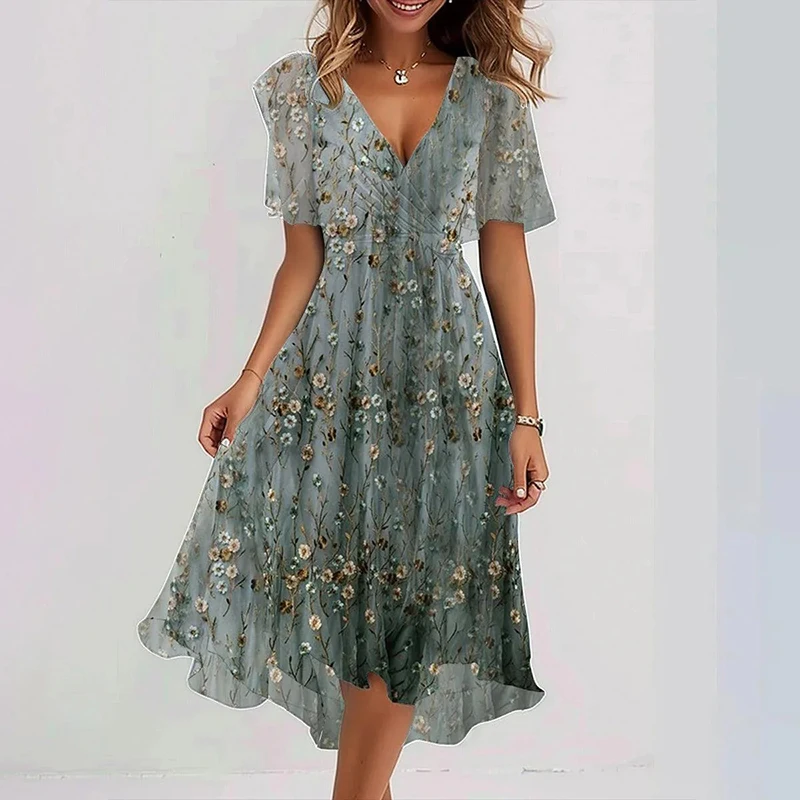 Spring Floral Print Chiffon Women Dresses Elegant V Neck Draped A-Line Party Dress Summer Short Sleeve High-waist Office Dresses