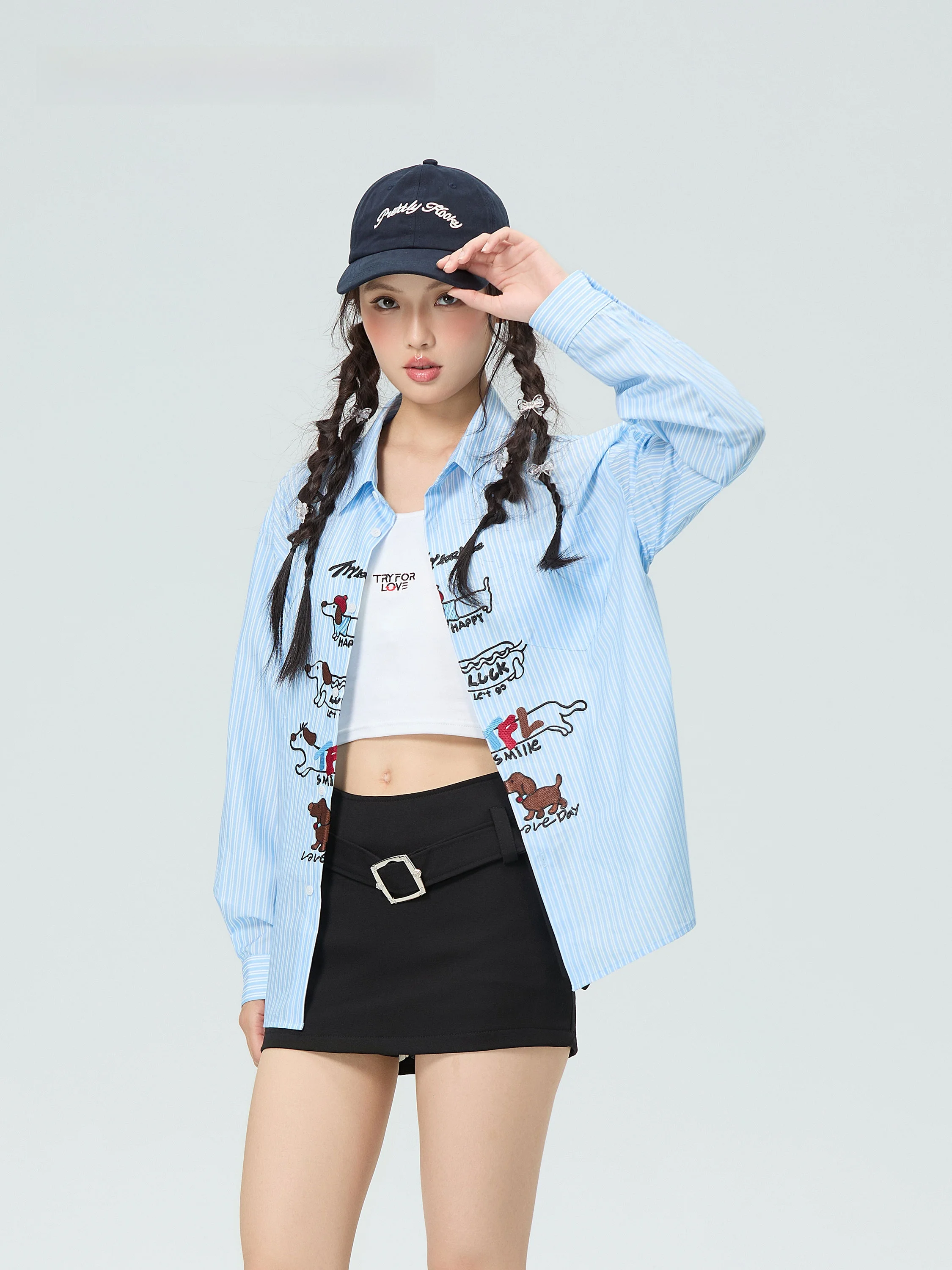 Couple's Long Sleeve Embroidered Shirt Men's Women's One Striped Pattern Another Shorter Casual Fashion Polyester Blend Shirt
