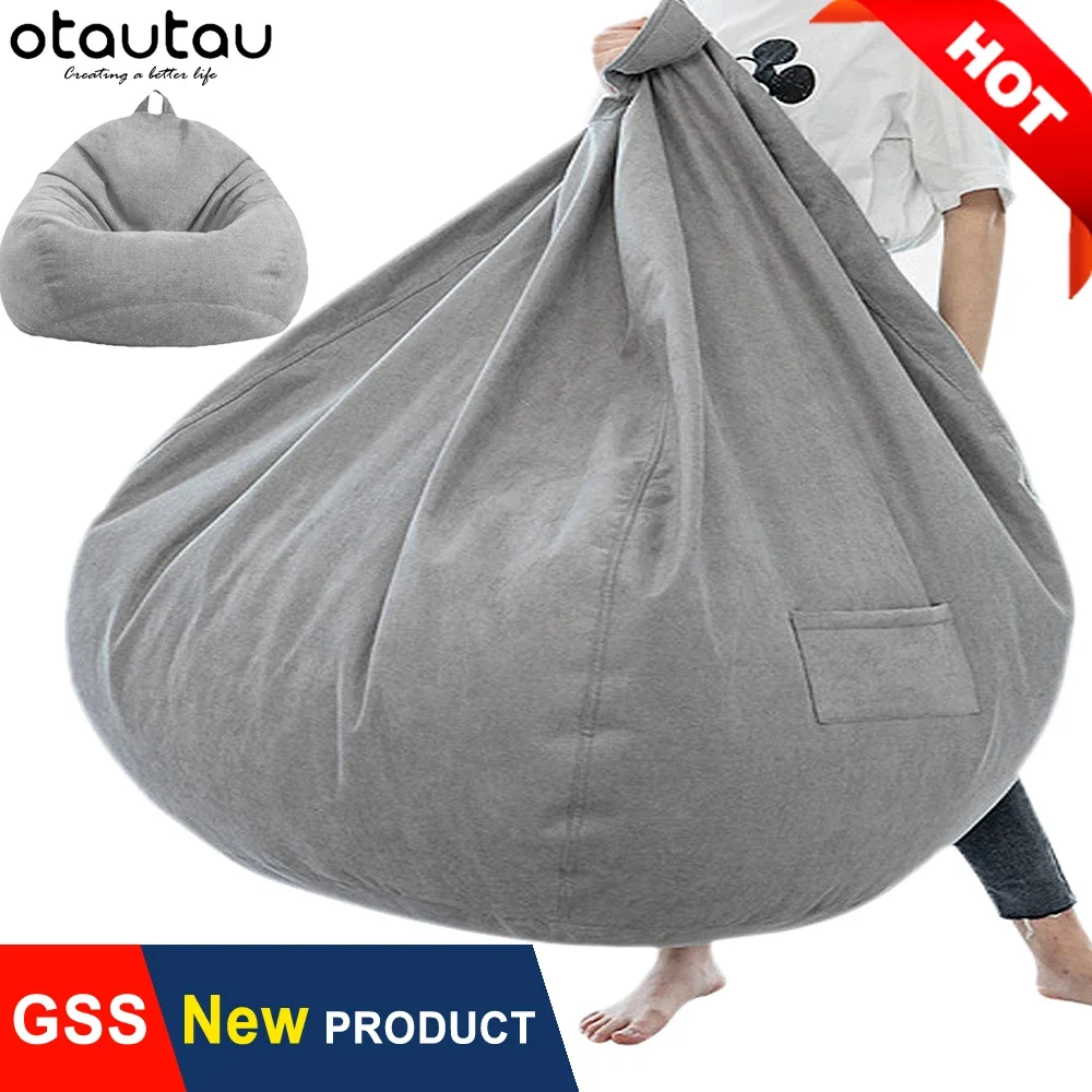 OTAUTAU Bean Bag Chair with Filling  Stuffed Giant Beanbag Sofa Bed Thick Linen Flocking Pouf Ottoman Seat Puff Lounge Furniture