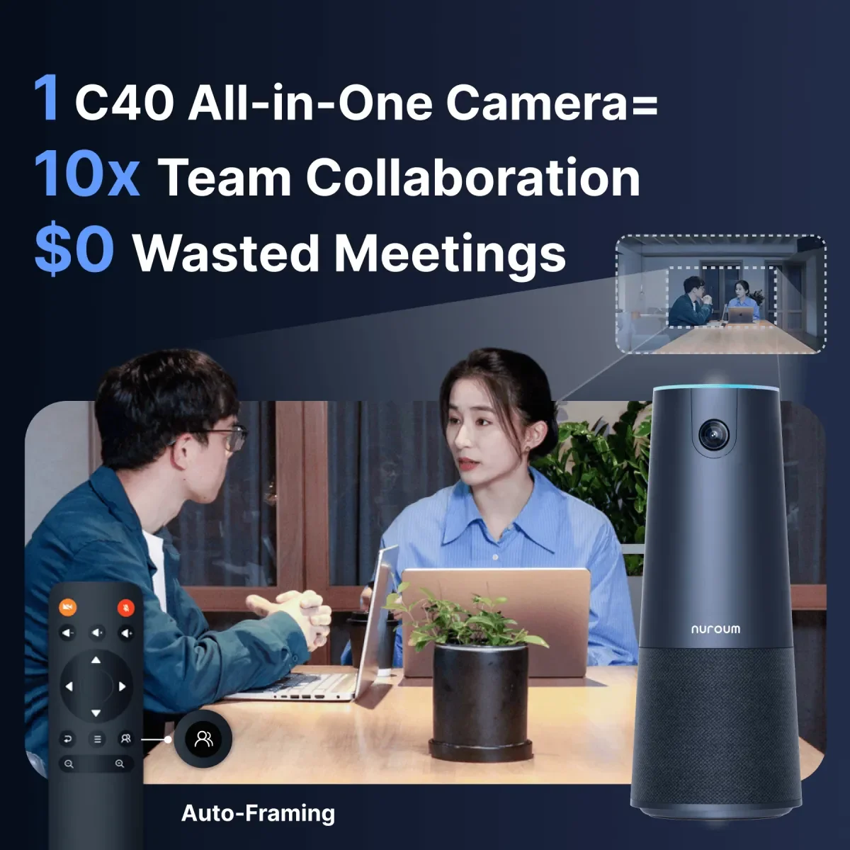 NUROUM 2K Video Conference Webcam with Microphone and Speaker, 4 Noise Cancelling Mics,120° FOV,AI‑Powered Auto Framing,5x Digital Zoom,16ft Long‑Range Voice Pickup,Plug and Play,USB Desktop Camera for Zoom Teams Skype Google Meet,C40