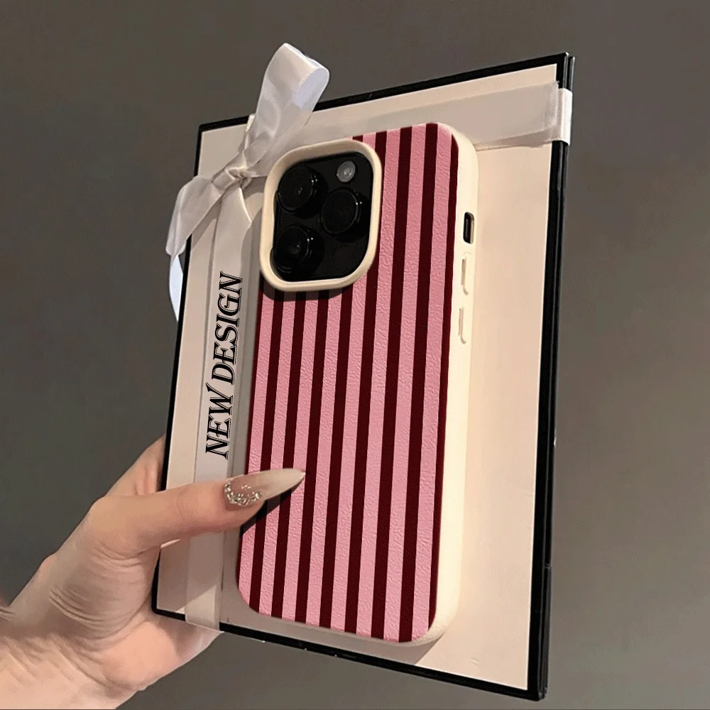 Koreanischer Stil Weinrot-Rosa Gestreifter Handyhülle für iPhone 17 16 15 14 13 12 11 Pro Max Plus 17 Silikon Matt Stoßfeste Hülle – Detail 2