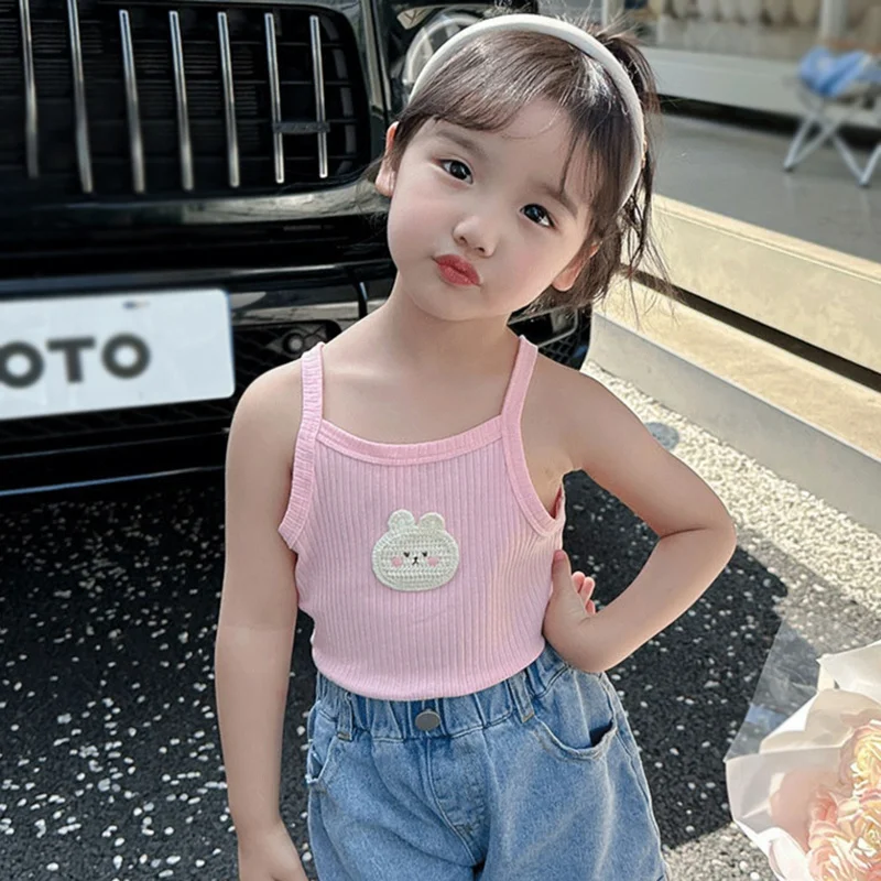 3-8T Summer Girls Sleeveless Vest Cartoon Print Suspenders Tank Tops Soft Cotton Breathable Bottoming Shirt Infant Baby T-shirt