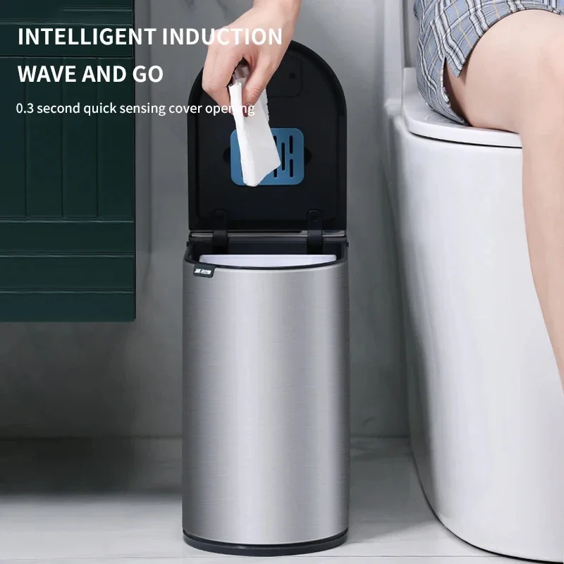 Smart Trash Bin Stainless Steel Bedroom Trash Bin Large Capacity with Toilet Brush Bathroom Smart Sensor Bucket garbage bin