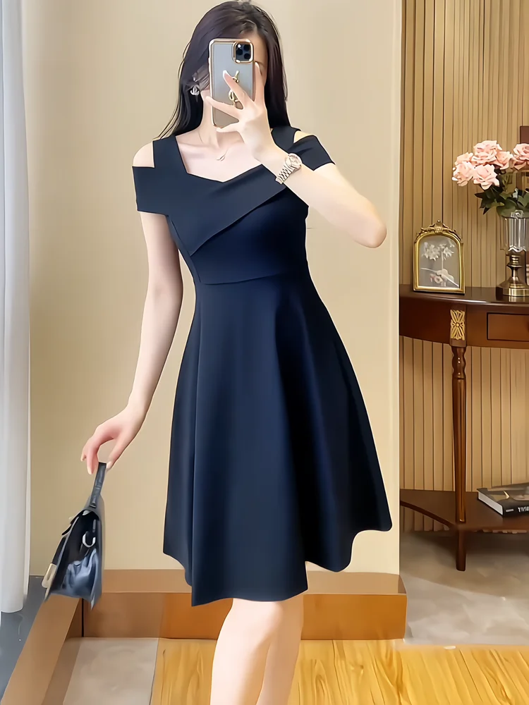 

Hebe Sle Bla oulder Bared Dr Women Summer New Small Size Fat MM Slimming Strap Dres Korean Version Commute Sle