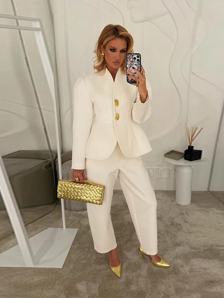 بدلة أنيقة سترة فستان أطفال مع سروال داخلي المرأة ضئيلة الخامس الرقبة نفخة الأكمام زر واحد السترة الصلبة مستقيم بانت 2025 سيدة مكتب الزي #5