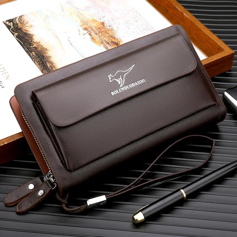 KANGAROO Brand Men Clutch Bag Fashion Leather Long Purse Double Zipper Business Wallet Black Brown Male Casual Handy Bag