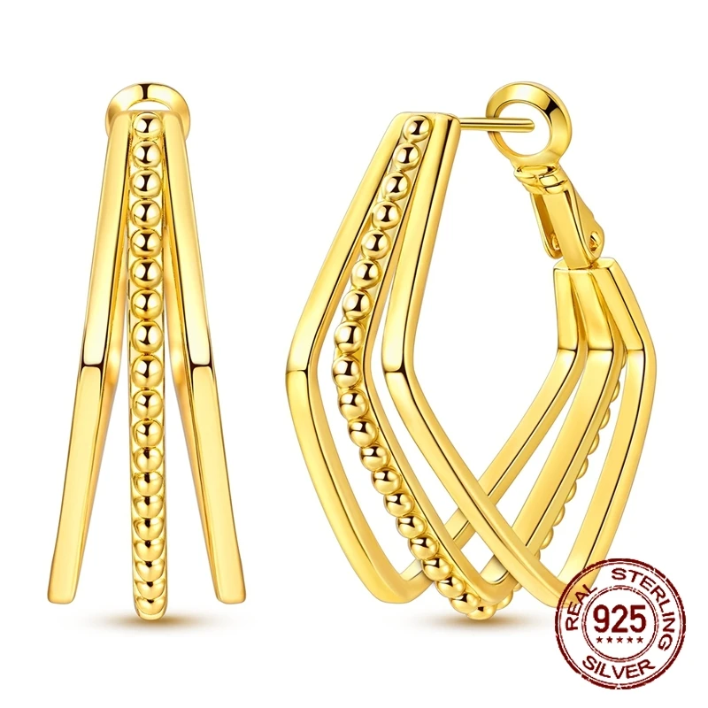 

925 Sterling Silver Golden Multi-Layer Crossed Hoop Earrings Beaded Detail Drop Earrings Fashion Jewelry Gift for Women
