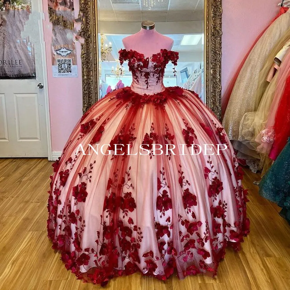 Angelsbridep-Vestido De baile rojo para quinceañera, Vestido con hombros descubiertos, flores 3D, Princesa, 15 años, 16 vestidos De Gala, 2023