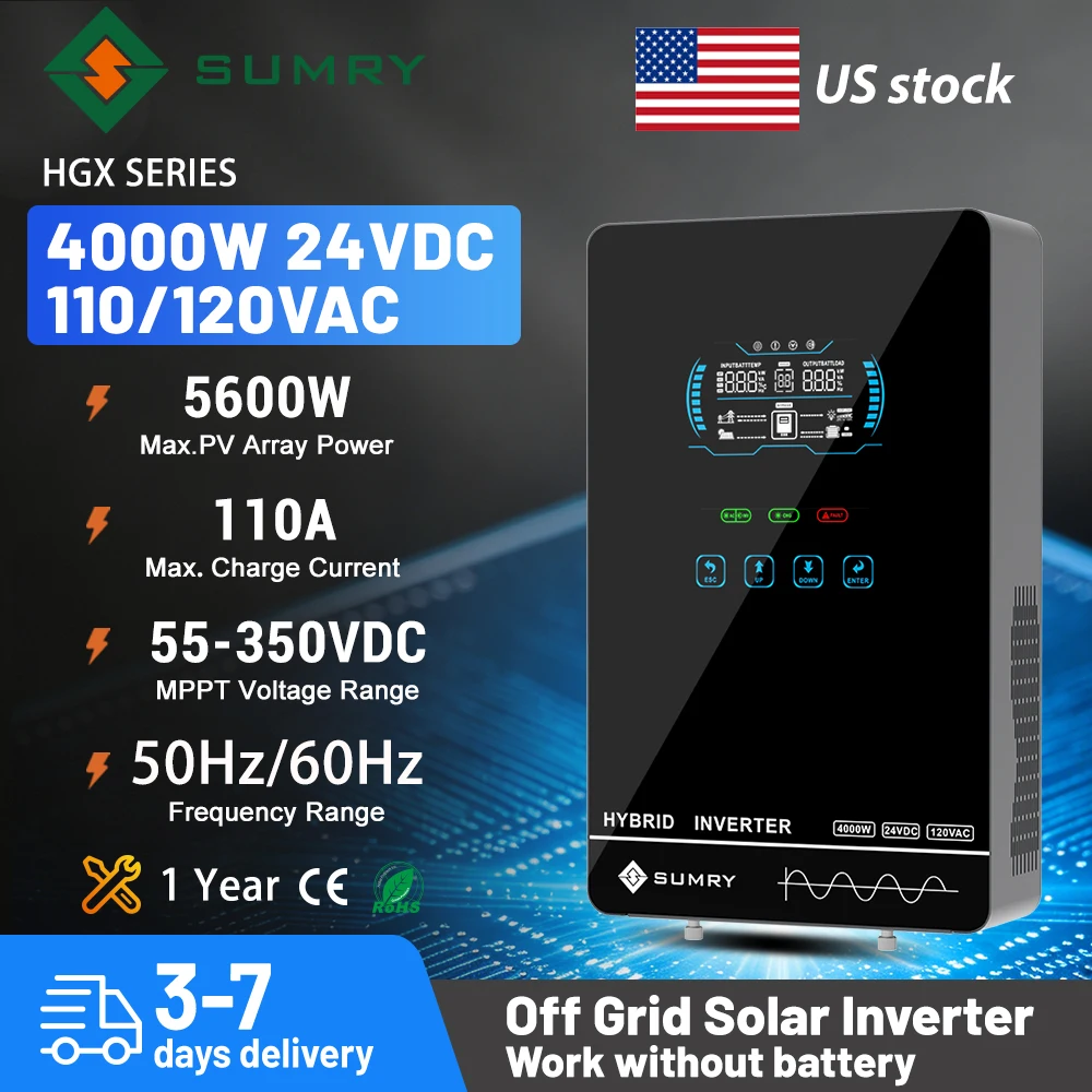 SUMRY Power Solar Inverter Off Grid 4KW 24v 110/120v Pure Sine Wave MPPT Solar Charger Power Home Inversor LCD