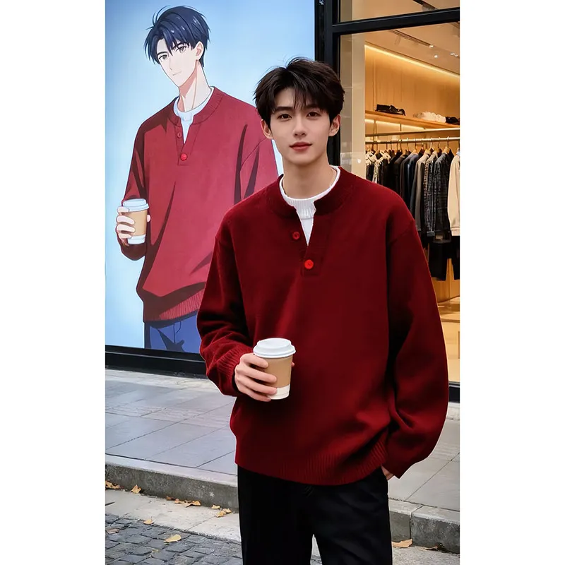 Autumn Winter Commuting Style Black Red Fake Two-Piece V-Neck Sweater Men's Loose Casual Fleece Lined Thickened White Knitwear
