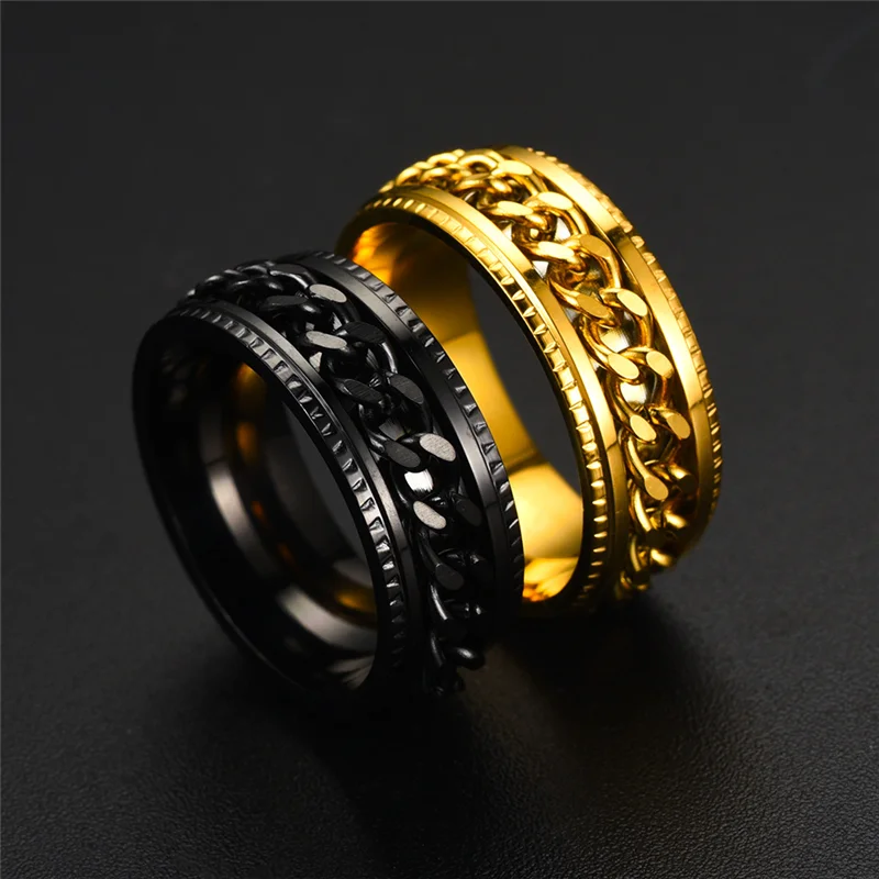 Cool Stainless Steel Rotatable Men Ring Fashion 8mm Spinner Chain Anxiety Black Rings Punk Women Jewelry Anillos De Hombre