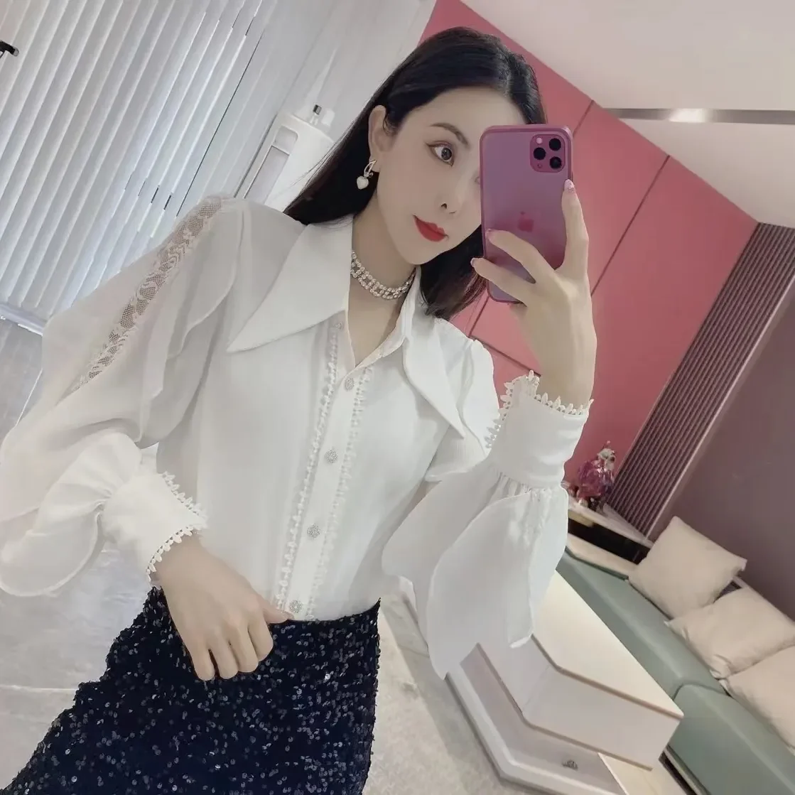 

Spring Summer 2026 New High-End French Point Neck Lace Stitching Ruffled Puff Sleeve Shirt Women's Tops