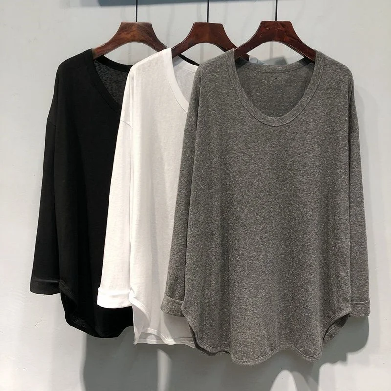 

plus Size 300 Pou Casual Sle Color round Ne Loose Fit Long Sve Women's T-irt Fall Versatile Loose T-irt