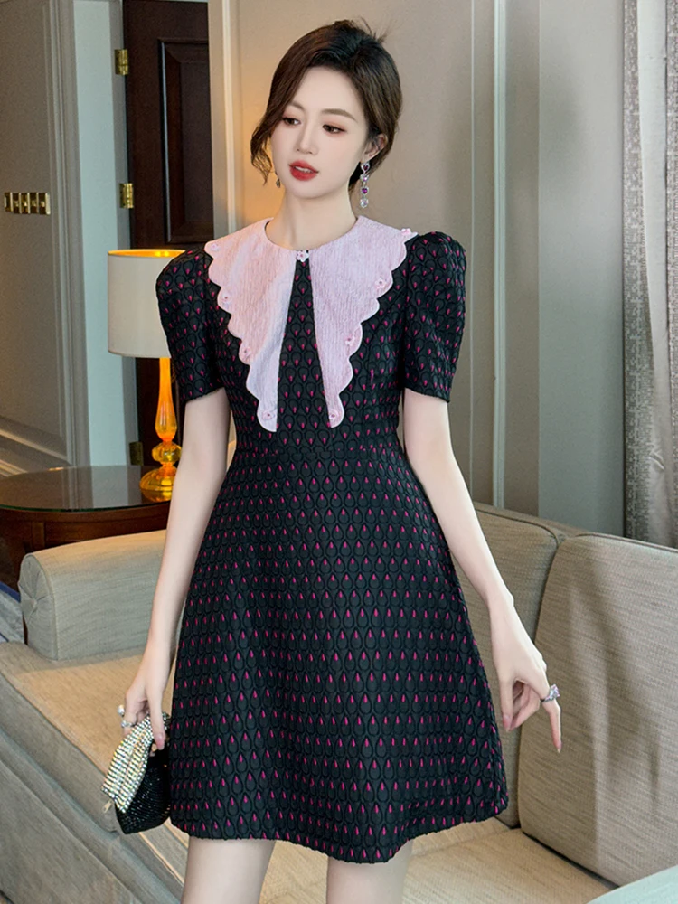 Summer Preppy Style Retro Black Embroidery Gown Evening Dress Women Clothes Puff Sleeve Short A-Line Party Prom Vestidos Fiesta