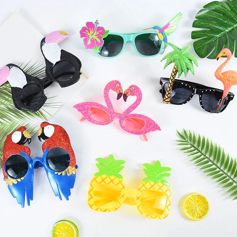 Lunettes de soleil pour fête hawaïenne 6 pièces/ensemble, flamant rose tropical, Luau, piscine, plage, fournitures de décoration, lunettes amusantes, accessoires photo mariage  15