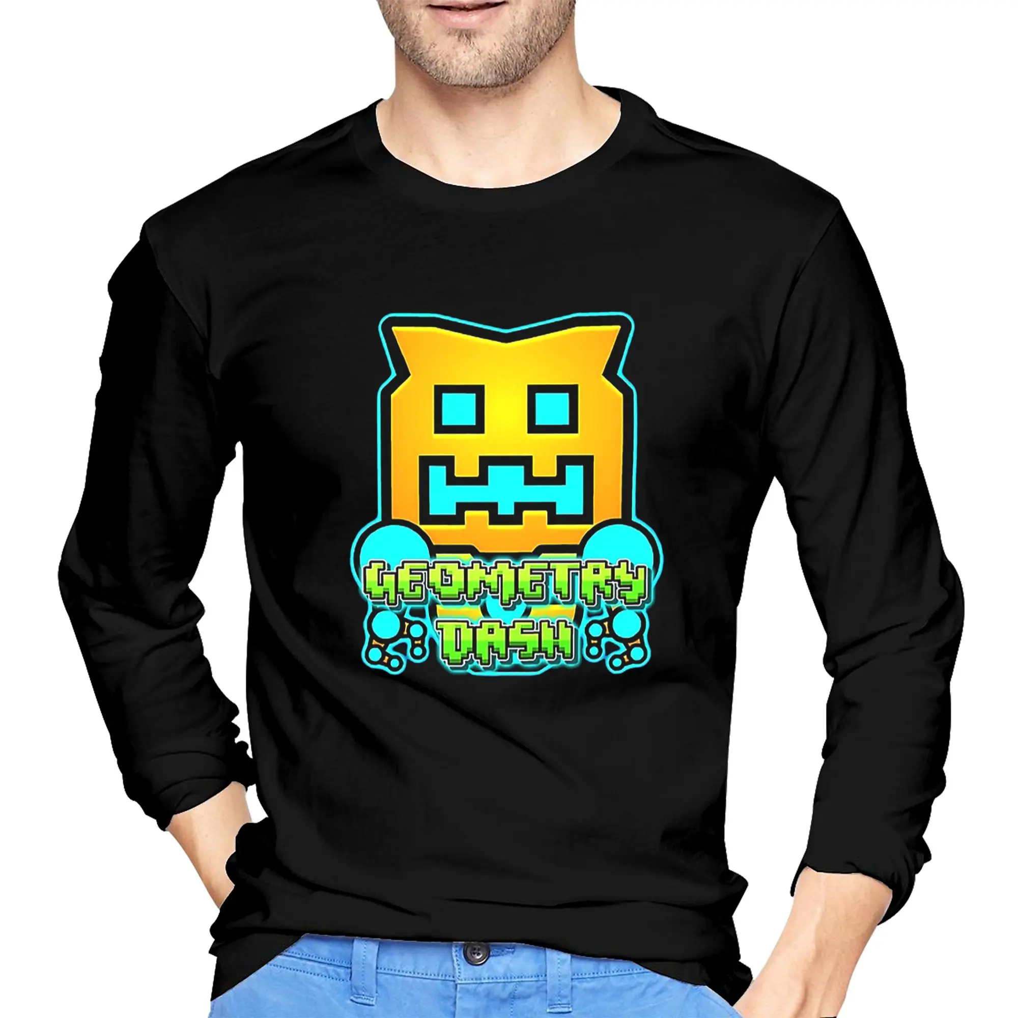 

Video Game Geometry Dash Men's Long Sleeved T-shirt Fashion Round Neck T shirts Spring and Autumn Men tops