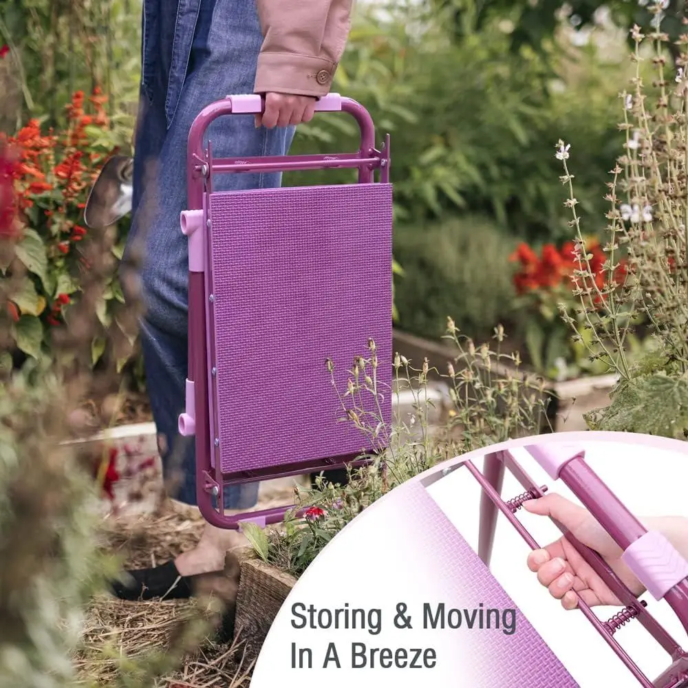 Ginocchiera da giardinaggio viola con struttura in acciaio, sedile e custodia per attrezzi, imbottitura in schiuma EVA per il massimo comfort