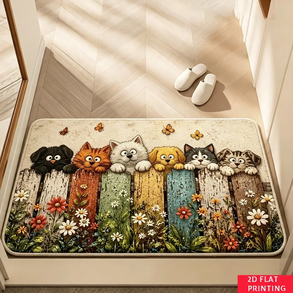 Fence Peek Cat Dog Garden Rug Colorful Plank Daisy Butterfly Print Non Slip Soft Floor Mat For Pet Lover Entryway Home Decoratio