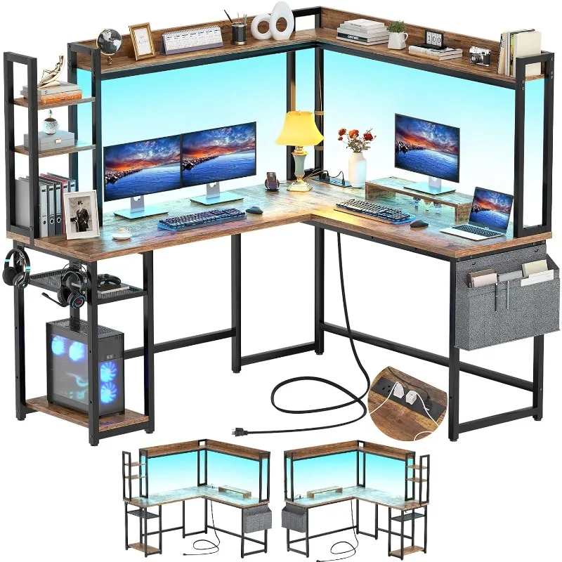 

L Shaped Desk with Power Outlet, L Shaped Gaming Desk with Led Light & Hutch, Reversible Home Office Desk