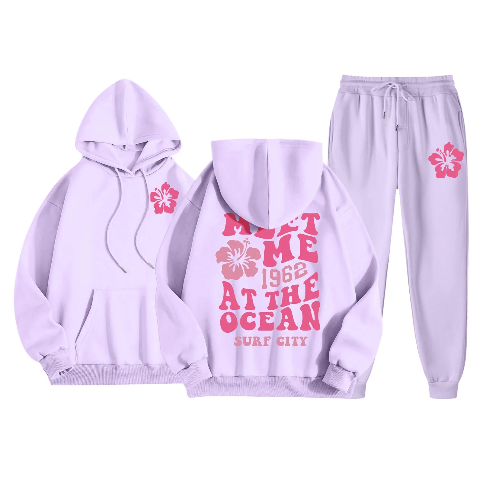 Padded Hooded Sweatshirt Sweatpants Long Pants Set Meet Me At The Ocean 1962 Surf City Y2k Hoodies American Outdoor Hoodies