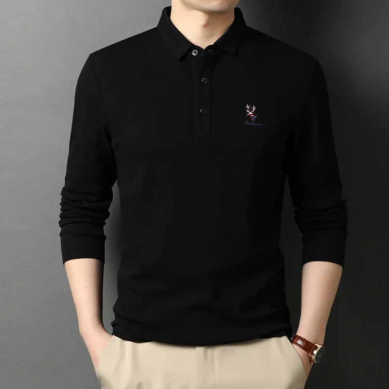 New Men's Casual Embroidery Long Sleeve Polo Shirt Fashion Solid Color Top