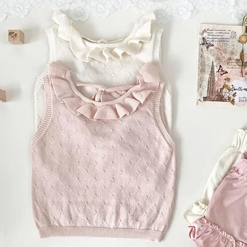 

2025 New Summer Children Clothing 0-4Yrs Baby Girls Pullover Sweaters Sleeveless Solid Color Baby Girls Thin Knitted Sweaters