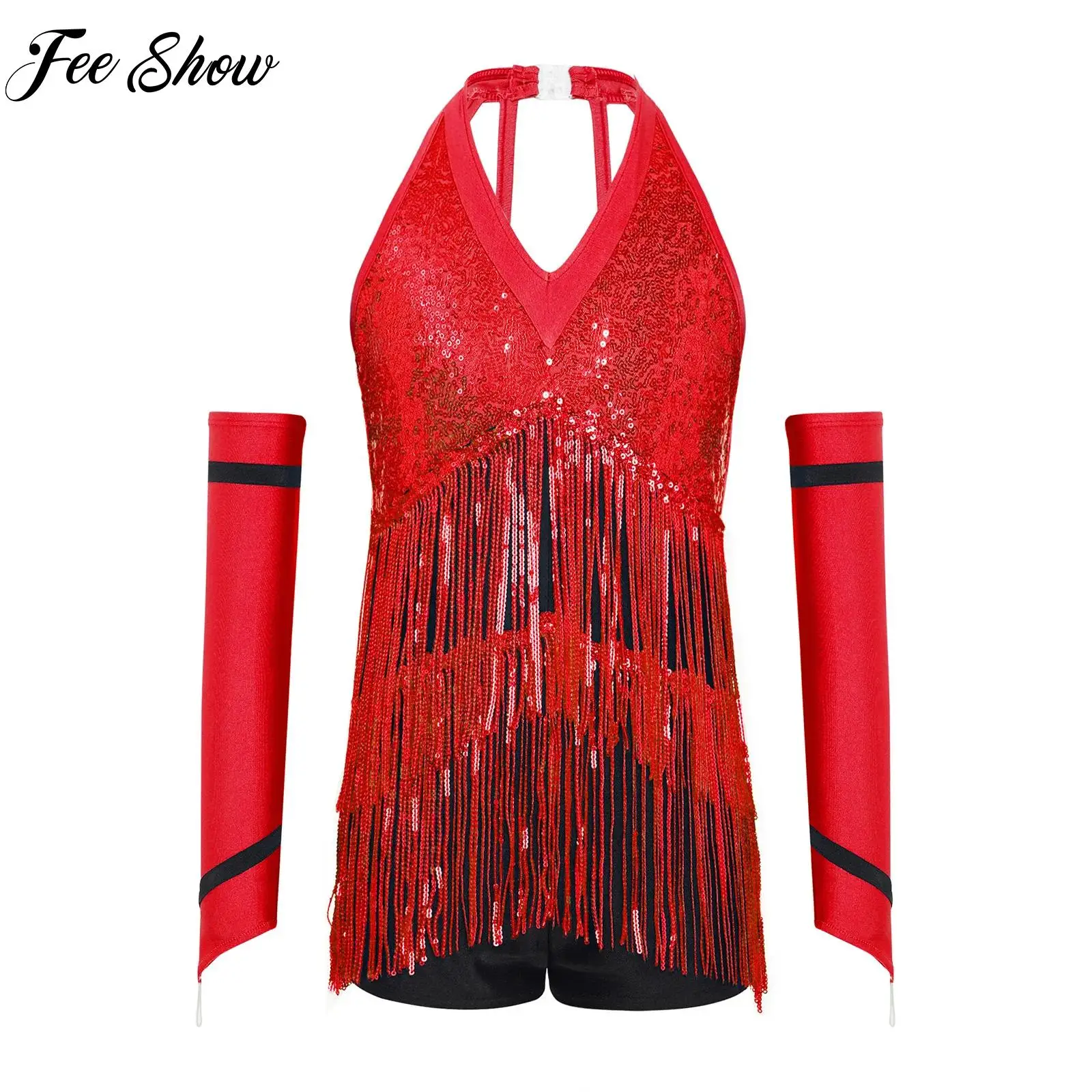 

Костюм для латинских джазовых танцев для девочек-подростков, купальник без рукавов с блестками и перчатками, комплект для гимнастики, катания на коньках, танцев