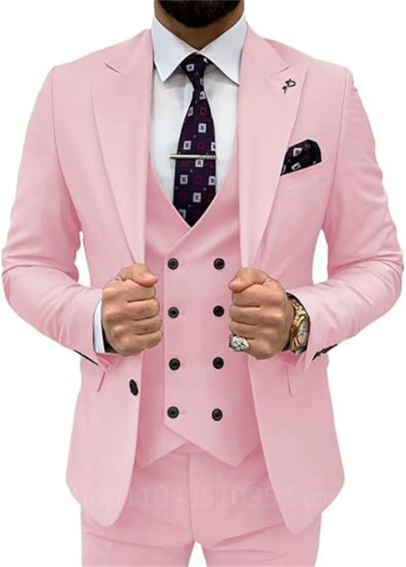 

Elegant Pink Suit for Men Peak Lapel 3piece Blazer Vest and Pant Set Groom Tuxedo Suits for Men Wedding Dresses Business Banquet