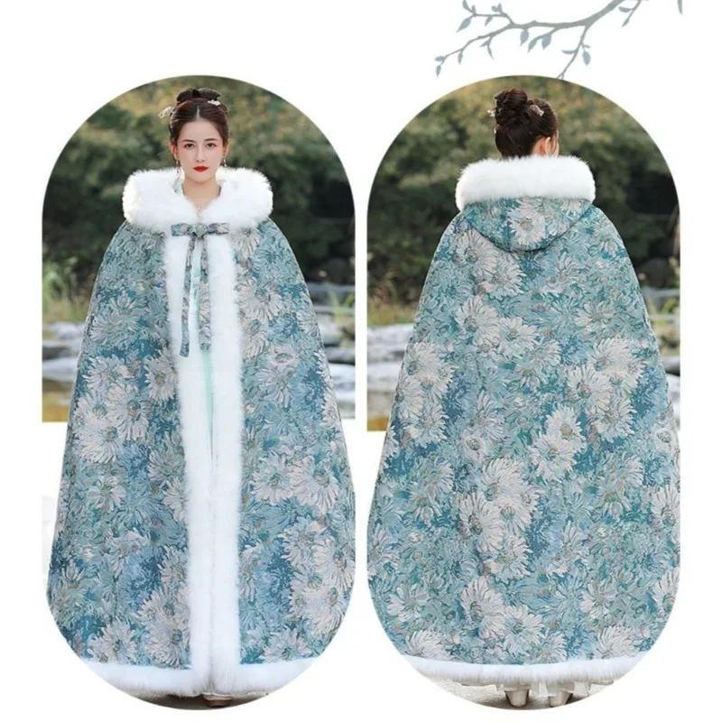 الموضة والفردية Hanfu كيب كيب شال فرو الشتاء الفراء طوق سميكة ودافئة طويلة النمط الصيني معطف لشتاء المرأة
