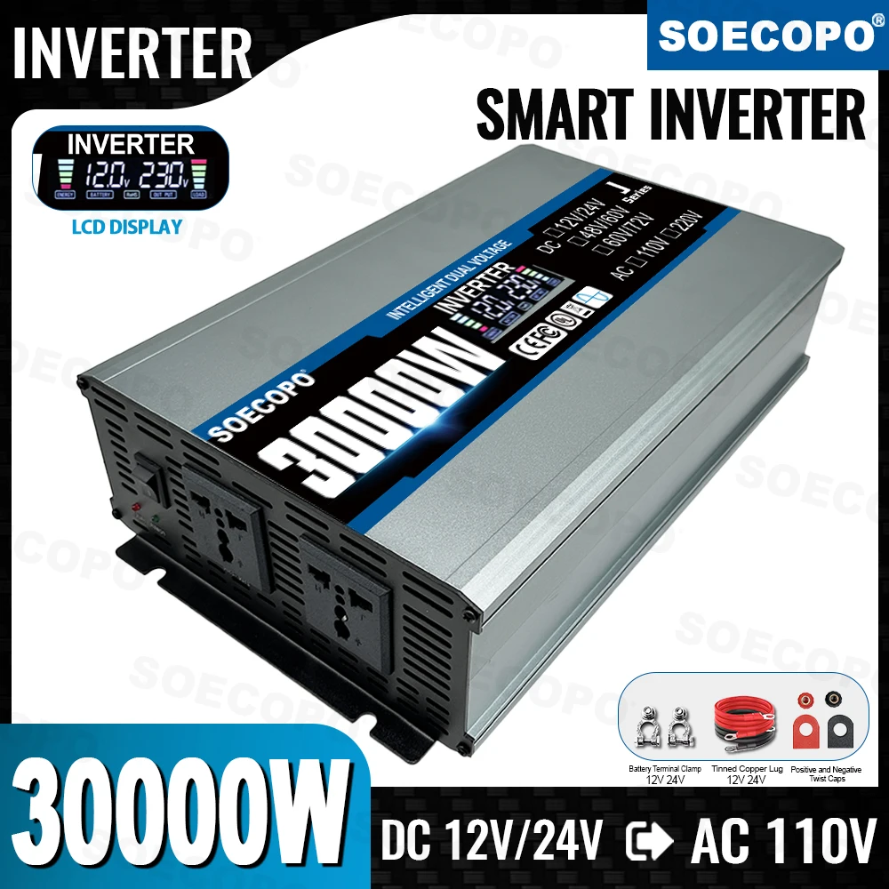 SOECOPO 30000W Power Inverter, 12V/24V to 110V Car Voltage Converter with 2 Sockets, Dual Input for Car Accessories & Camping