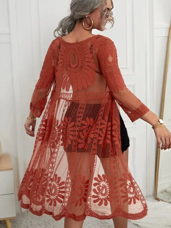 Boho Beach Cover-up For Women Dresses Robe Floral Embroidery Lace Summer Casual Bikini Vestidos Sexy See Through Long Cardigan