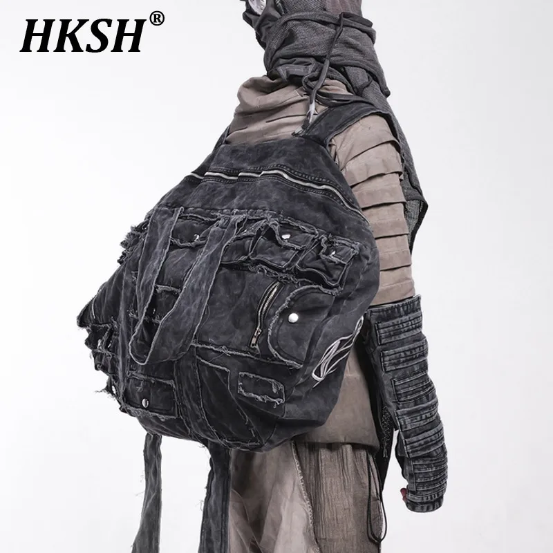 HKSH Men's Tide Punk Dark Waste Soil Stylish Double Shoulder Heavy Large Size Backpack Techwear Cotton Zipper Hip Hop Bag HK3375