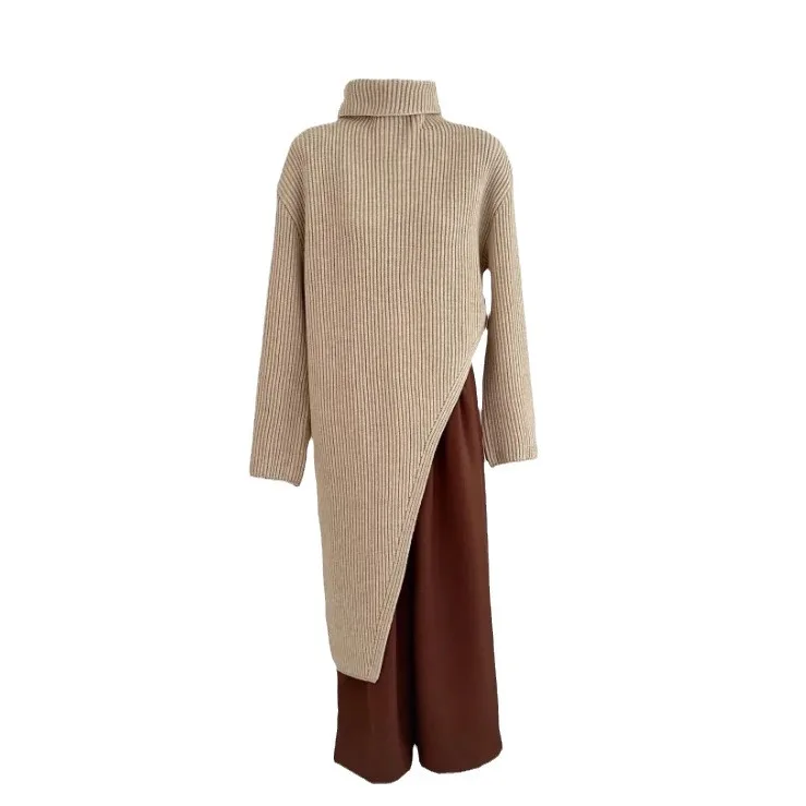 High Neck Slit Sweater Women's Autumn And Winter Loose Long Sleeved Mid Length Cross Knee Knitted Dress