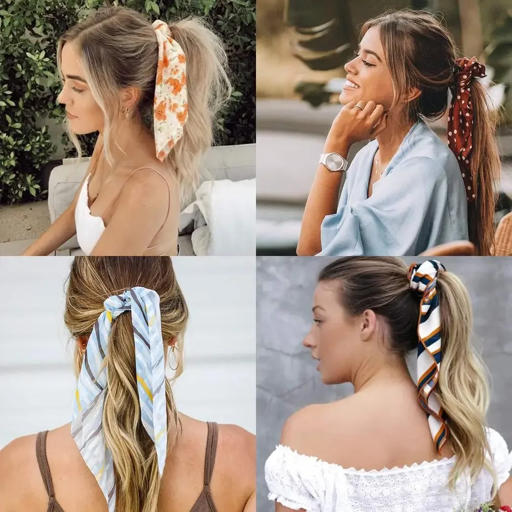 Fashion Solid Color Bow Satin Long Ribbon Ponytail Scarf Hair Tie Scrunchies Women Girls Elastic Hair Bands Hair Accessories