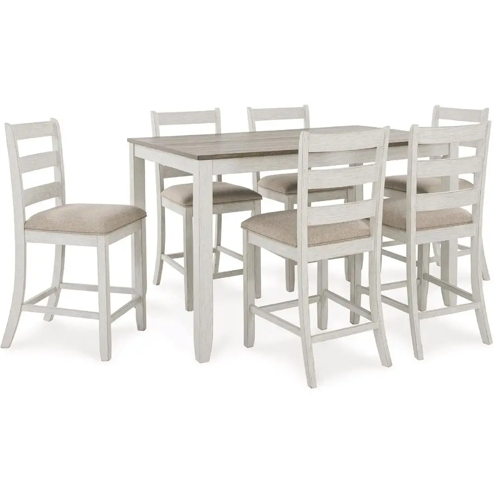 

Skempton ern armhouse Counter Height Dining Table and Upholstered Bar Stools, Set o 7, White & Light Brown