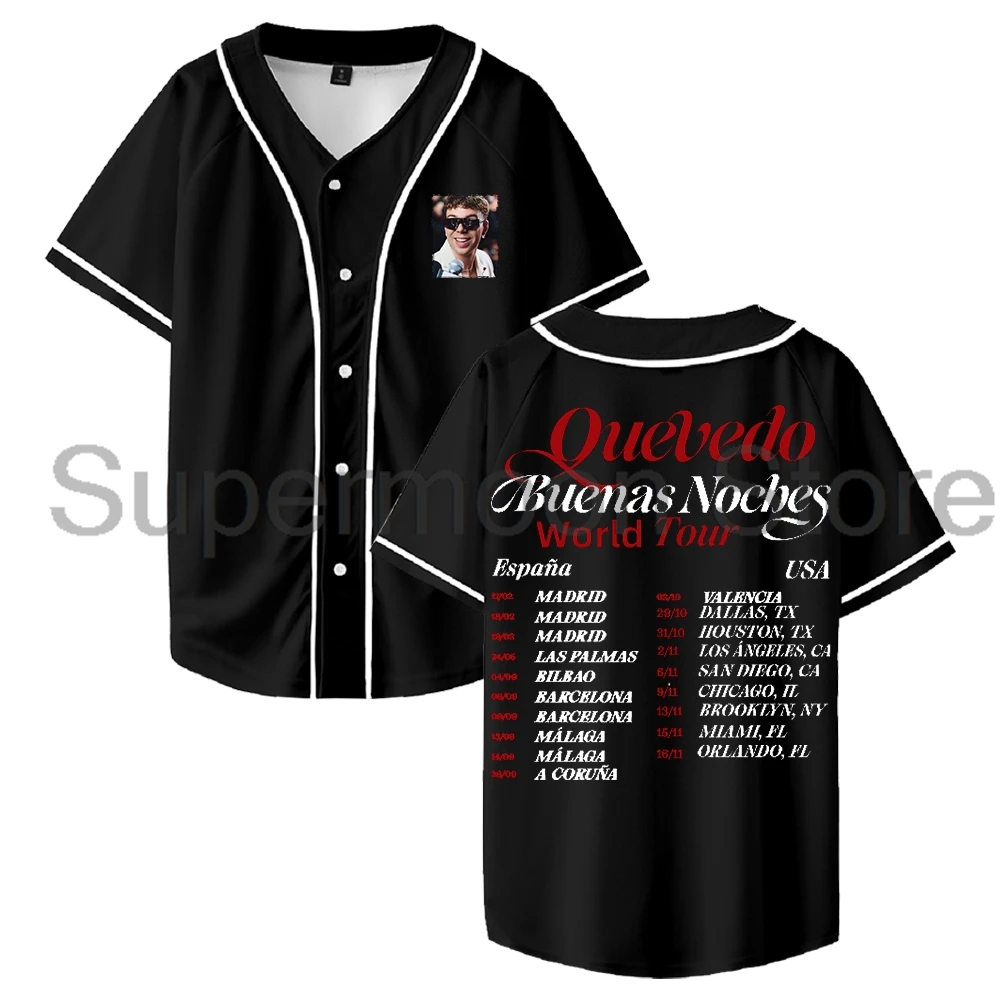 Quevedo Buenas Noches World Tour 2025 Baseball Jersey V-Neck Short Sleeve Button-up Shirts Women Men Streetwear Tops