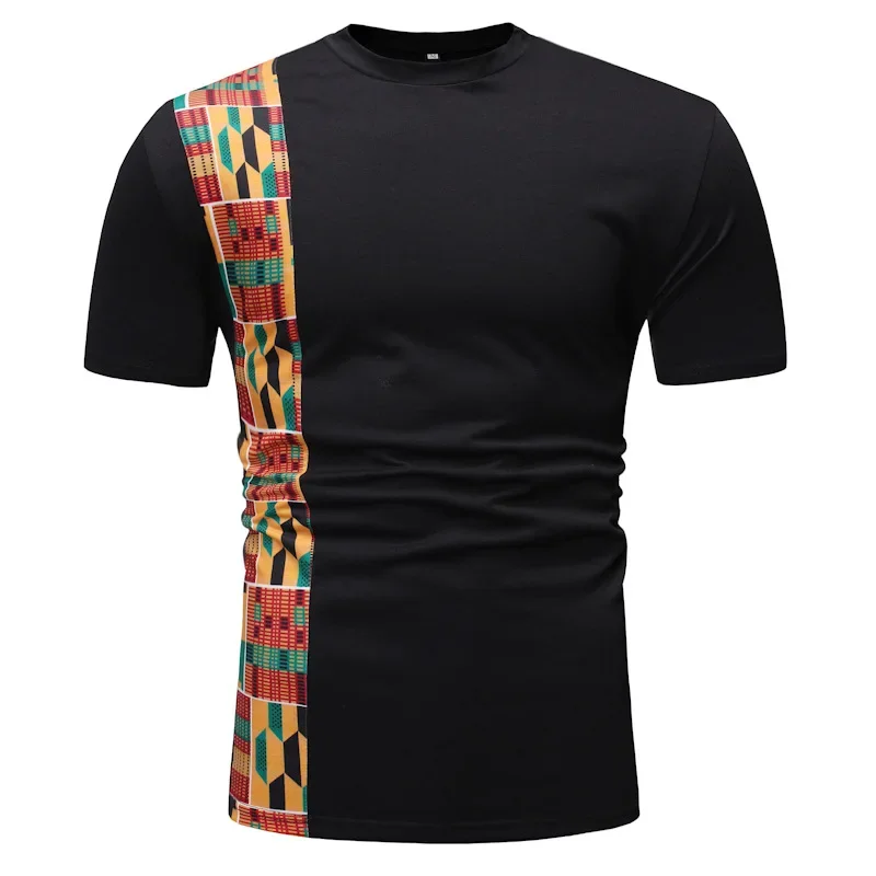 

Fashion African Kente T Shirt For Men's Ghana Tops Ankara Panelled Geo Printed Short Sleeves T-Shirt Color Blocked O-Neck Summer