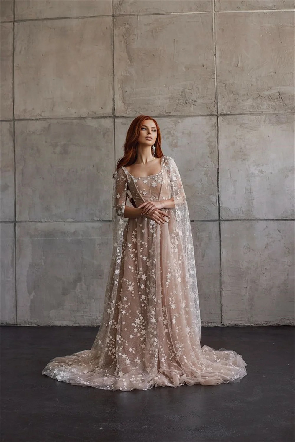 Sansa Mysterious Cape Sleeve فساتين السهرة Princess Prom Dress Star A-line فساتين سهره فاخره Champagne Sweep Vestidos De Noche