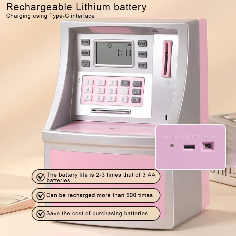 ATM Automatic Machine Piggy Bank with Large Capacity Entry and Exit, Smart Password Card Swiping, Children's Adult's Save Box
