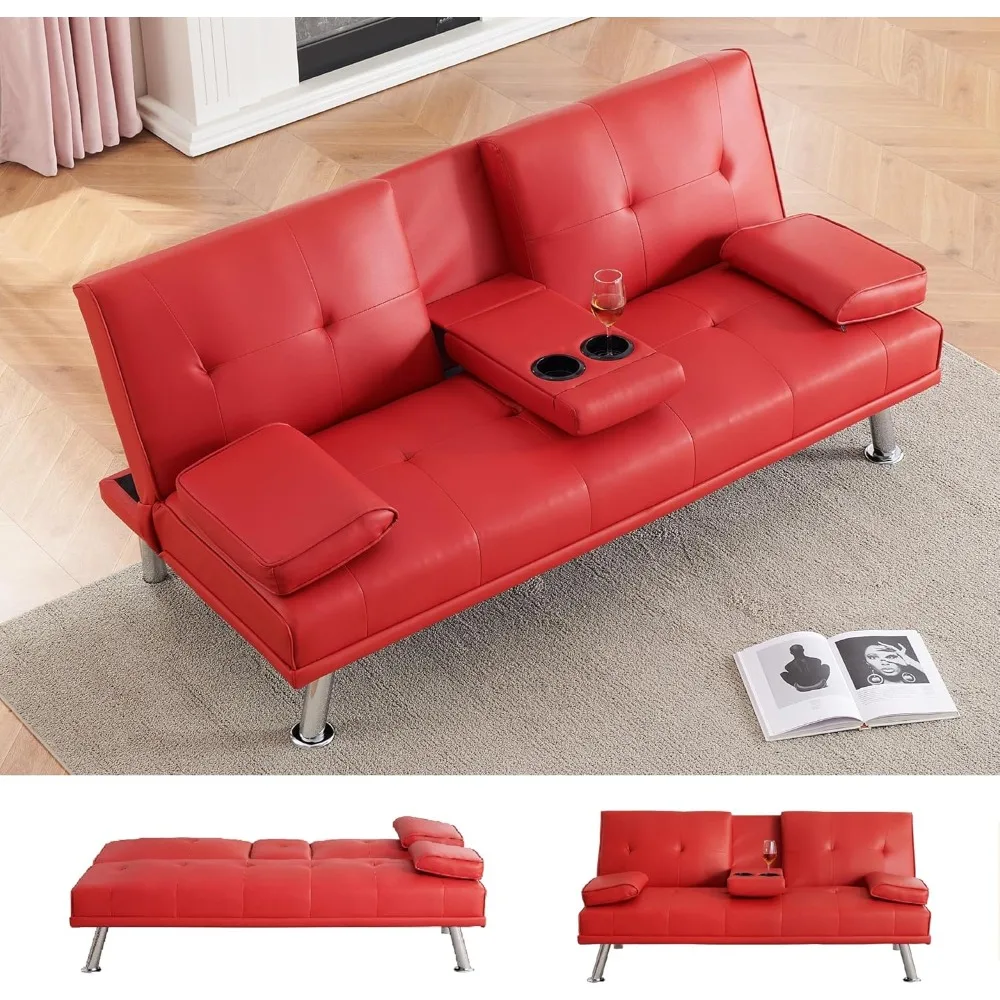 

Folding Futon Sofa W/cup Holder & Adjustable Backrest, Mid Century Modern Couch Loveseat Convertible To Sleeper Bed