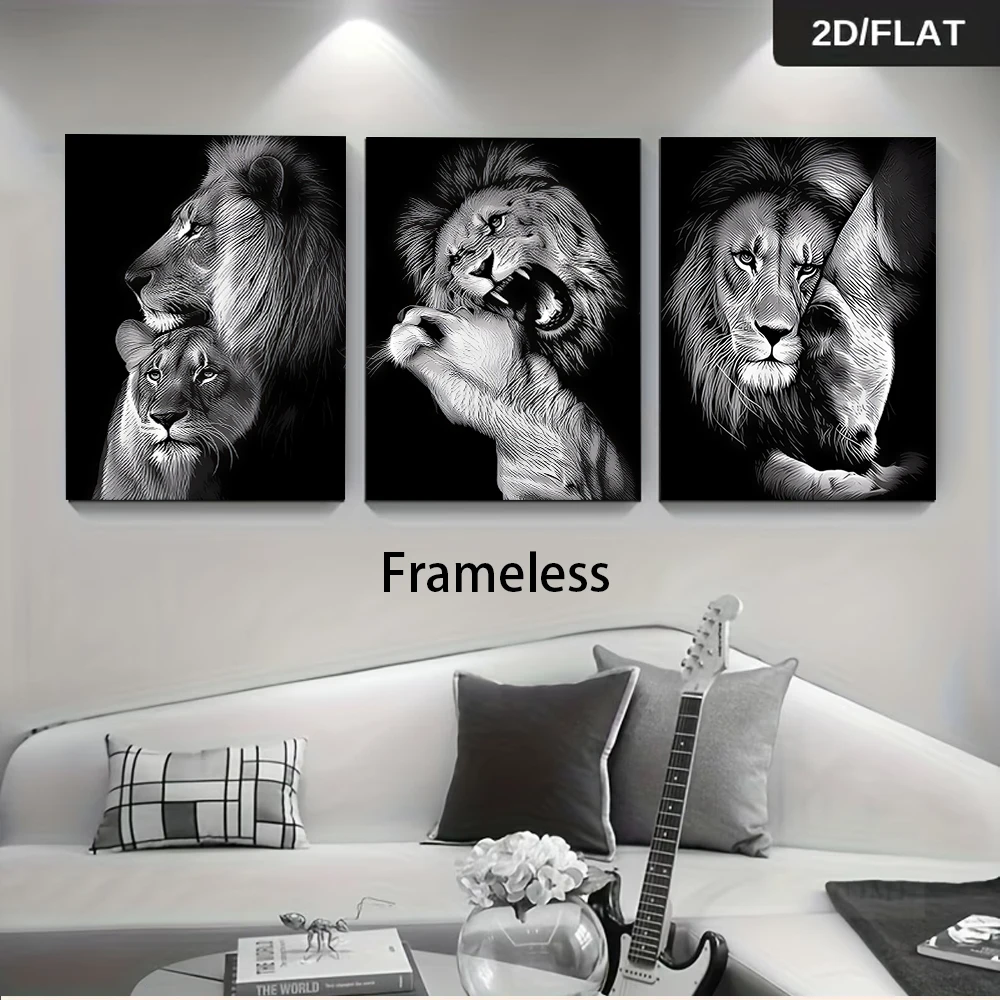 1 set of modern minimalist black and white lion triptych frameless decorative paintings, animal theme, 2D flat.