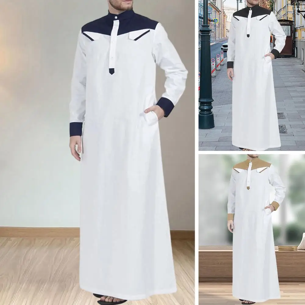 Robe traditionnelle à manches longues pour hommes, col mandarin, boutons de documents d'abonnés, demi-patte, poches adt Fit, Moyen-Orient